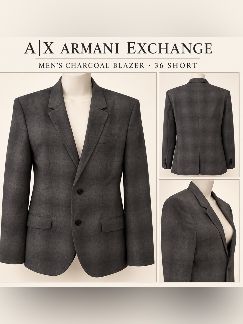 Men's  A|X Armani Exchange Charcoal Gray Tailored Blazer Sport Coat 36 Short